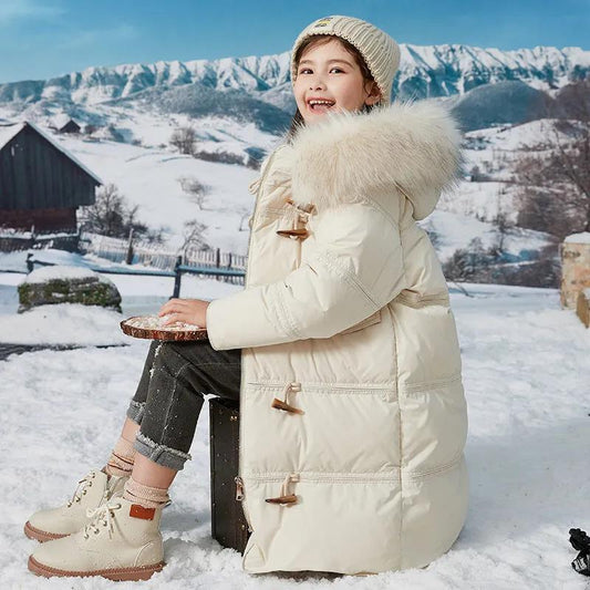 Children's White Duck Down Jacket Girl Mid-length Warm Winter Clothes Plus Fleece Padded Jacket