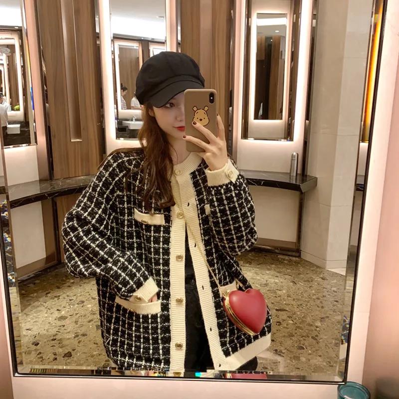 Ladies Autumn Loose Sweater Jacket Retro Shirt Long Sleeve Plaid Single Breasted Knit Cardigan
