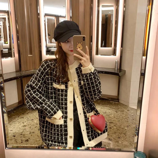 Ladies Autumn Loose Sweater Jacket Retro Shirt Long Sleeve Plaid Single Breasted Knit Cardigan
