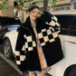 Imitation Lamb Wool Coat Women's Autumn and Winter Retro Contrast Color Plaid Loose Top Casual Zipper Cardigan Girl's Jacket