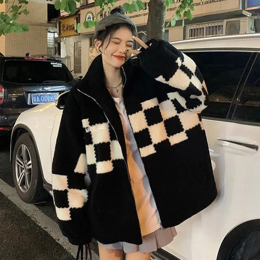 Imitation Lamb Wool Coat Women's Autumn and Winter Retro Contrast Color Plaid Loose Top Casual Zipper Cardigan Girl's Jacket