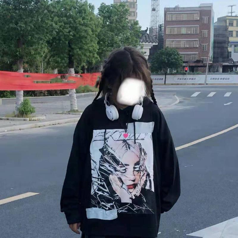 Women Sweatshirts Fashion Printed Streetwear Harajuku Hip Hop Pullover Black White Hoodies Oversized Loose Hooded Top Clothes Autumn Winter Girl Tops