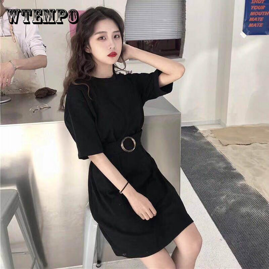 Brand T-shirt Skirt Short-sleeved Waist Loose Loose Thin High Dress Student Female Middle