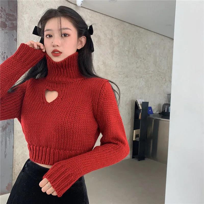 Turtleneck Sweater Women's Autumn Winter Design Sense of Love Hollow Out Slim Slimming Short Knit Sweater Long-sleeved Top