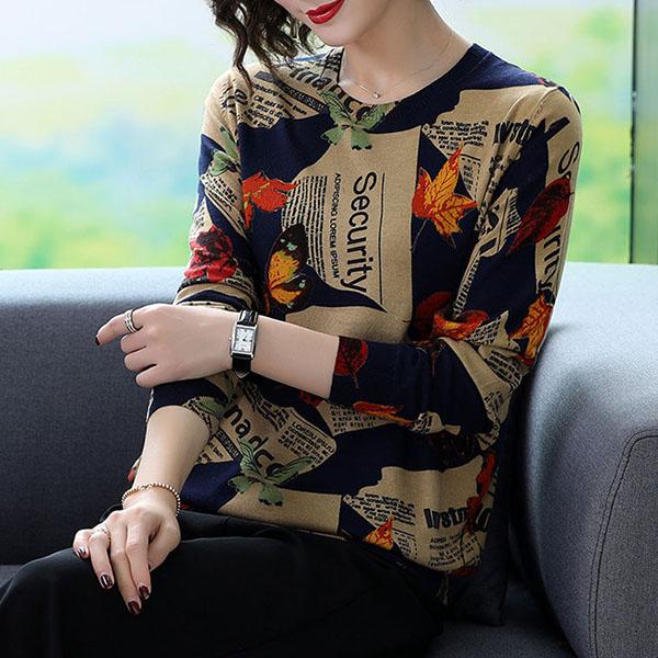 Autumn and Winter Vintage Letter Printing Cashmere Sweater Women's Knitted Bottoming Sweater Loose O-Neck High-end Sweater Warm Knit Jumper