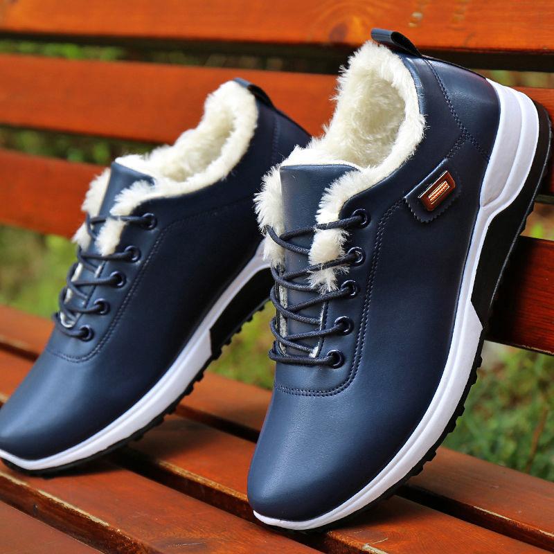 Men's Shoes Winter Plus Velvet Casual Shoes Black Leather Shoes Waterproof Non-slip Peas Shoes Boys Winter Warm Cotton Shoes