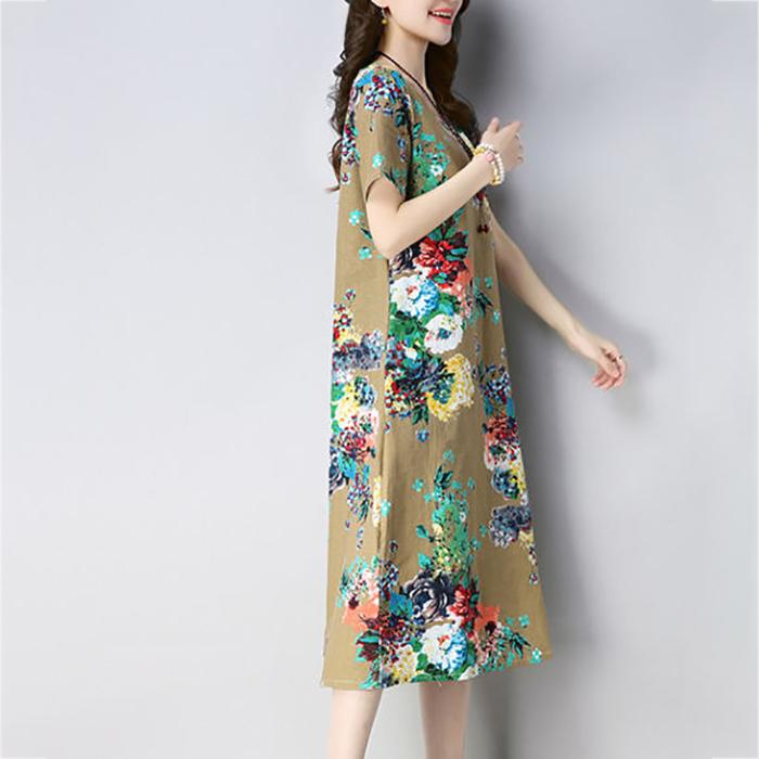 XL-XXXXXL Plus Size Women Summerfolk Style RetroMid-length Printed Over-the-knee Dress Short Sleeve Mom A-line Skirt