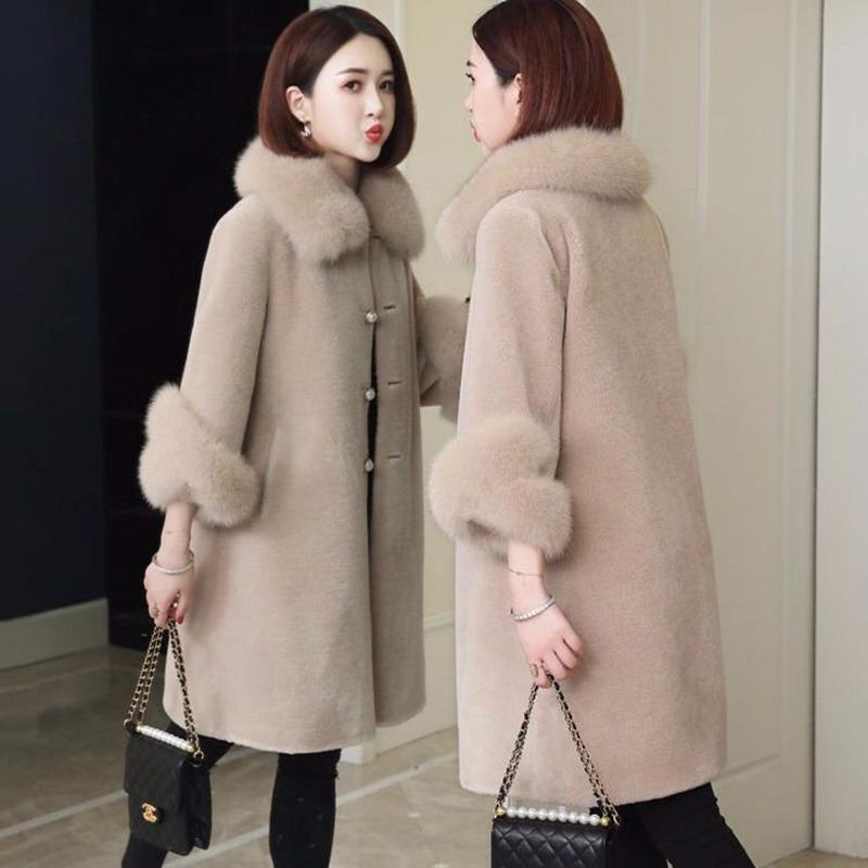 Autumn and Winter New Faux Sheep Shearling Coat Women Mid-length Faux Fox Fur Collar Loose Grain Fleece Faux Fur Coat