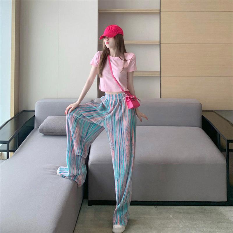 Summer Suit Women's Round Neck Short-sleeved T-shirt Loose Straight Wide-leg Pants Two-piece Casual Sports Suit Home Service