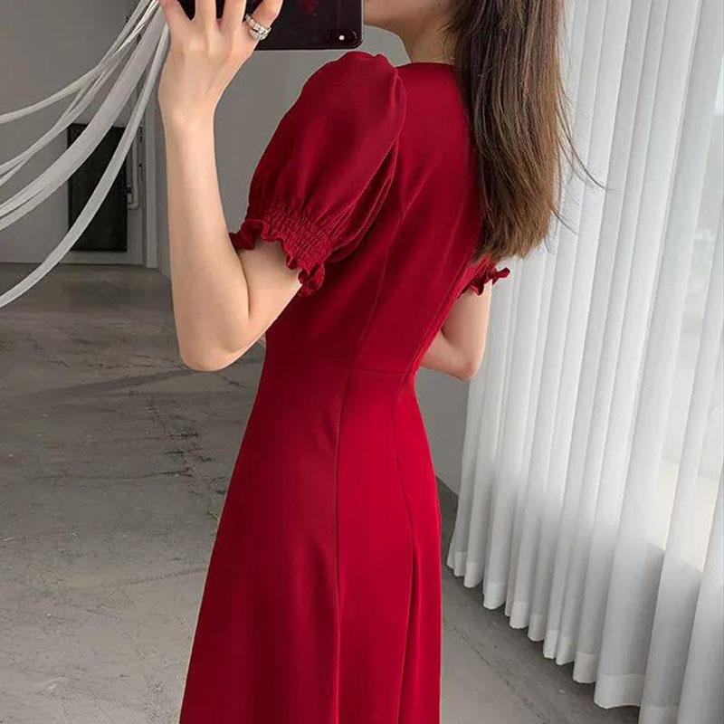 Women's Summer Solid Color Skirt Puff Sleeve Dress Square Collar Midi Skirt