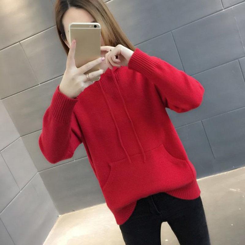 Hooded Sweater Women Loose Pullover Knit Sweater with Pockets for Outer Wear Base Knit Jumper