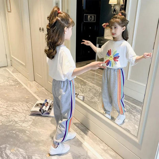 Girls Summer Casual Suit Korean Version Cute Print Round Neck Pullover Short-sleeved Trousers Casual Loose Sports Two-piece Suit