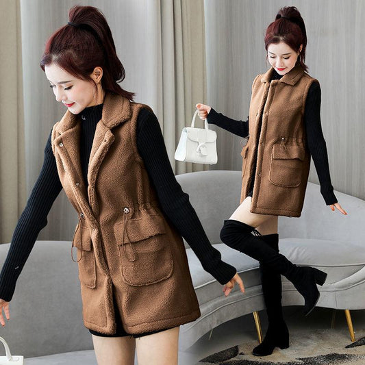 Autumn and Winter Lamb Hair Vest Women's Mid-length Pocket Waistcoat Student Casual Solid Color Jacket