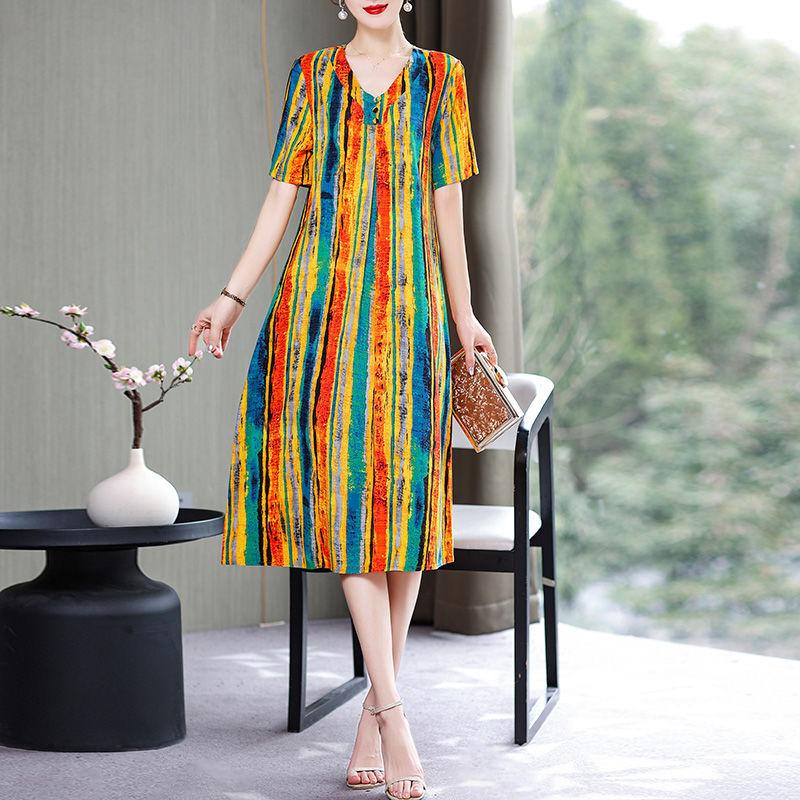 Loose Plus Size XL-XXXXXL Cotton Short-sleeved A-line V-neck Ruffle Dress Summer Printing Calf-length Skirt