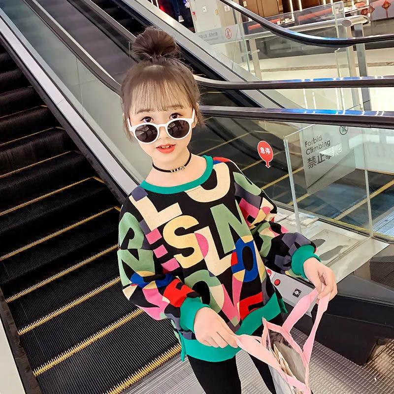 Girls Long-sleeved Spring and Autumn Two-piece Set Simple Fashion Letter Printing Pullover Sweater Slim Trousers Sports and Leisure Children Clothing