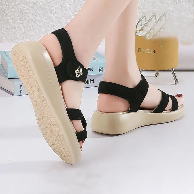 Women's Thick-soled Leather Sandals Summer Student Platform Casual Shoes Velcro Mid-heel Soft-soled Sandals Beach Shoes