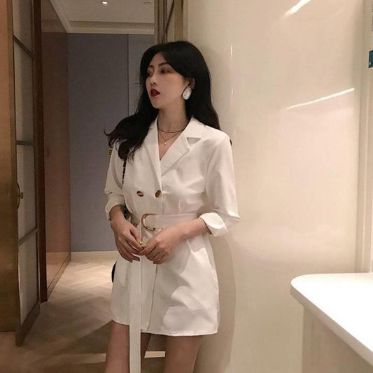 Solid Color Casual Suit Jacket Tie Waist Jacket Suit Medium Length Double Breasted Lapel Loose Top Women's Clothing