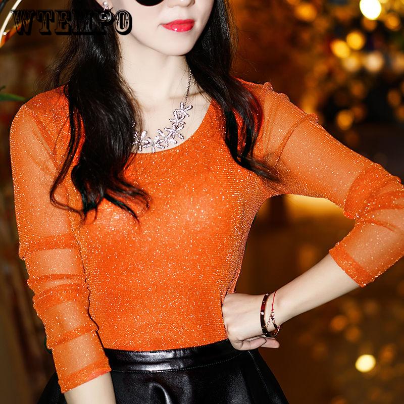Sexy Women Turtleneck Long Sleeve Mesh Sheer See Through T-shirt Top Slim  Transparent
