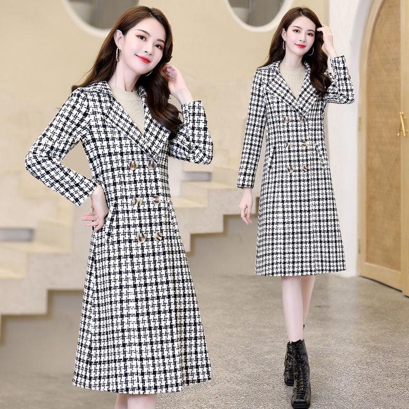 Winter Trench Jacket Women Casual Plaid Coat Warm Button Pocket Jackets Women Wool Overcoat