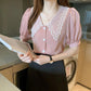 Short-sleeved T-shirt Women's Summer Loose Solid Color Lace V-neck Shirt Top