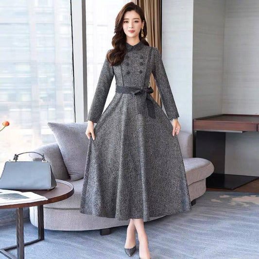 Women Vintage Front Button A-line Party Dress Long Sleeve Elegant Mini Dress Fashion Dress