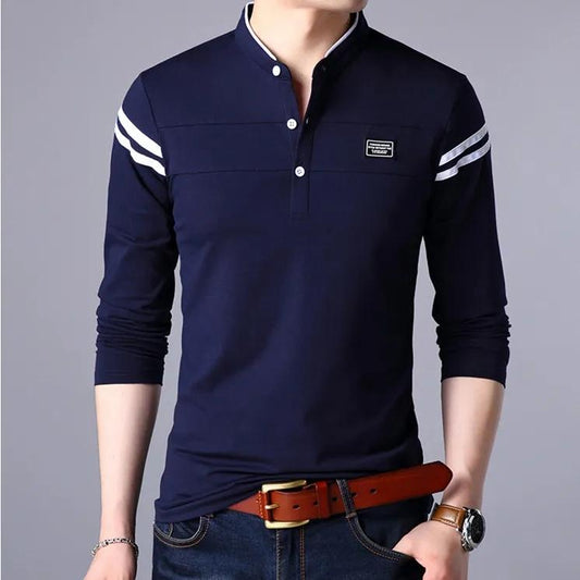 Men's Long-sleeved Polo Shirt Stand Collar Lapel Stripes Sweatshirt Bottoming Shirt Loose Casual Solid Color Shirt