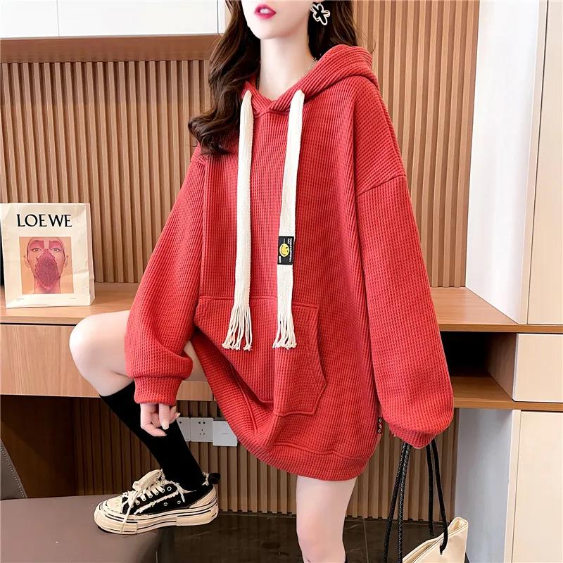 Sweatshirts Women's Waffle Hooded Mid-length Spring and Autumn All-match Large Size Loose Top