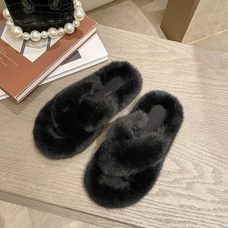 Fluffy Pink Slippers Fur Sliders Winter Women House Slippers Warm Flats Home Slippers Size 35-40 Fashion Cross Indoor Shoes