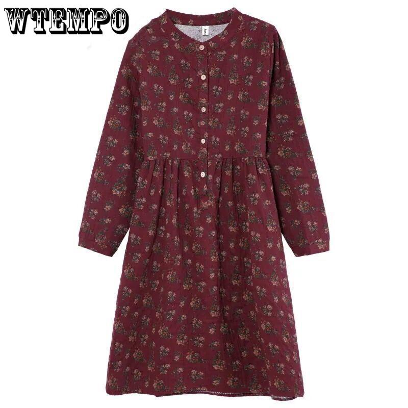 Floral Dress O Neck Long Sleeve Button Cotton Linen A-Line Midi Dresses Elegant Party Vintage Vestidos