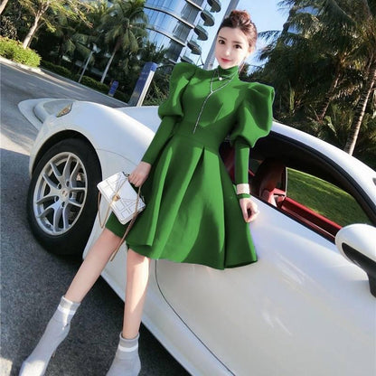 Dress Female Temperament Ladies High Neck Puff Sleeves Waist Was Thin French Niche A-line Skirt