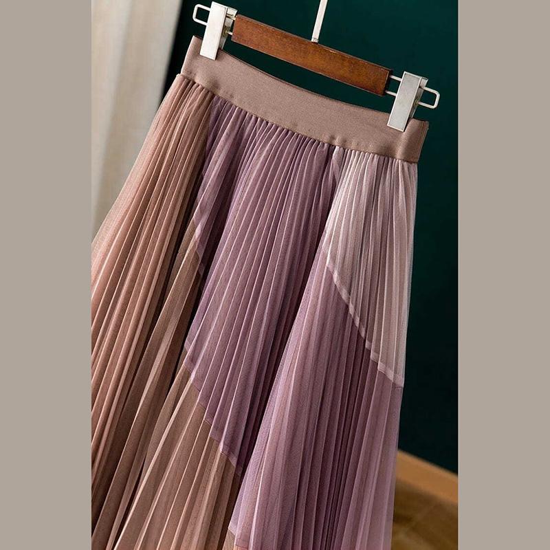 Pleated Printed Gauze Skirt High Waist Elastic Waist Mid-length Large Hem Skirt Spiral Color Stitching Lace A-line Skirt