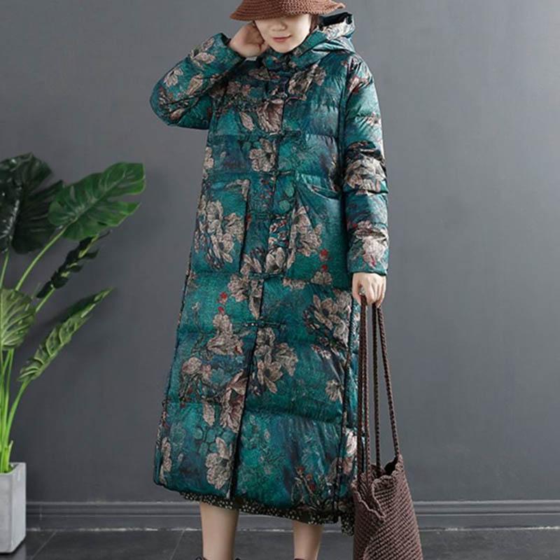 Women's Camouflage Pattern Down Jacket Chinese Style Printed Retro Buckle Mid-length Over-the-knee Large Size Ethnic Style Jacket