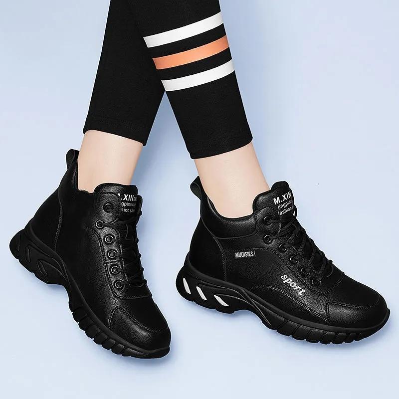 Winter Plus Velvet Sports Shoes Women's Shoes All-match Running Shoes Women's Casual Shoes Thick-soled Non-slip Flat Leather Shoes