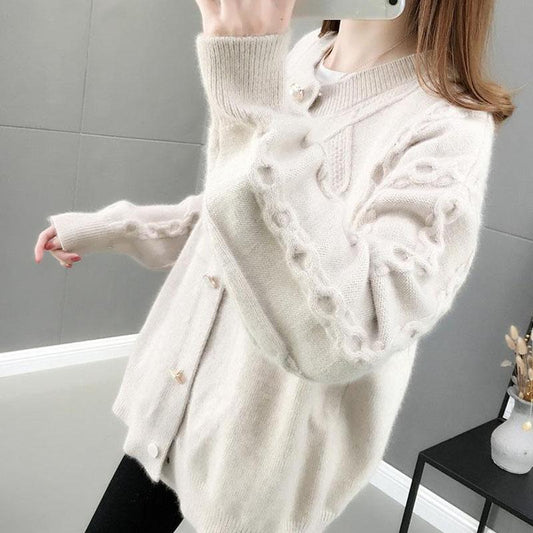 Autumn and Winter Cardigan Casual Jacket Fashion Knit Solid Color Sweater Loose-fitting Ladies Jacket