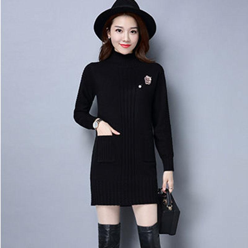 Mid-length Loose Dress In Autumn and Winter Casual Knitted Pullover Base Skirt Half-high Collar Thickened Female Sweater Dress