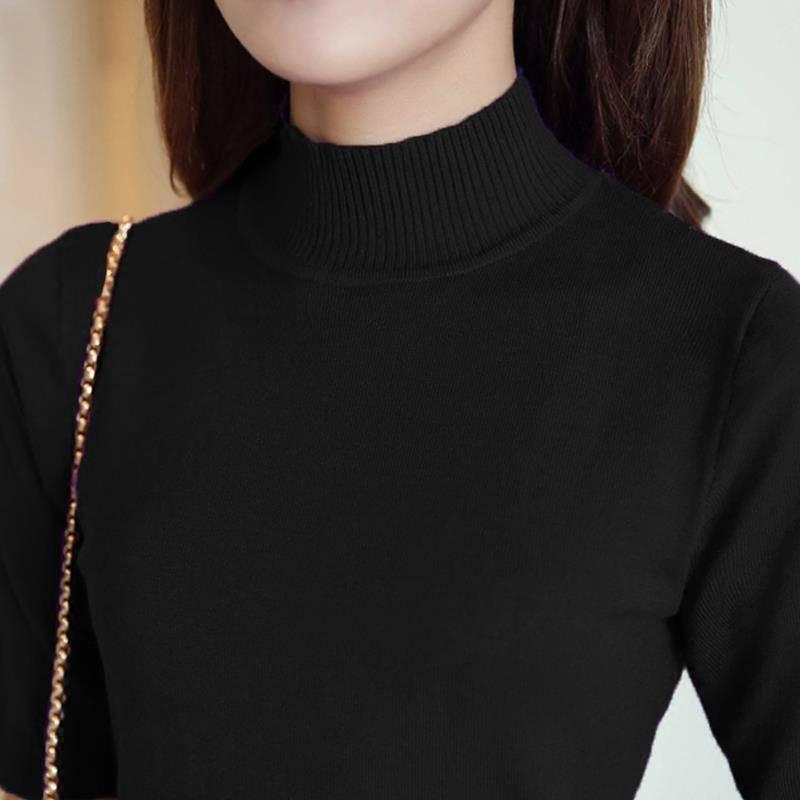 Pofulove Autumn Half Turtleneck Sweater Women Bottoming Shirt Black Long-sleeved Slim Pullover Shirt