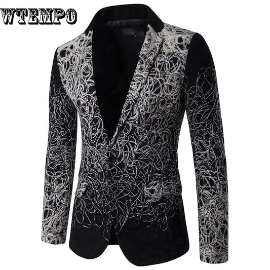 Coat Single-breasted Business Fashion Print Flowers Men High Quality Suit Jacket
