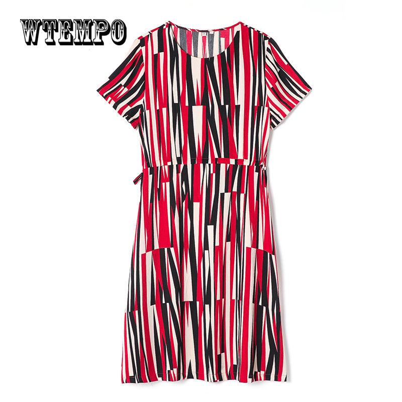 WTEMPO 2019 New Summer Fashion Waist Slim Dress Arge Size Round Neck Short -Sleeved Striped Dresses