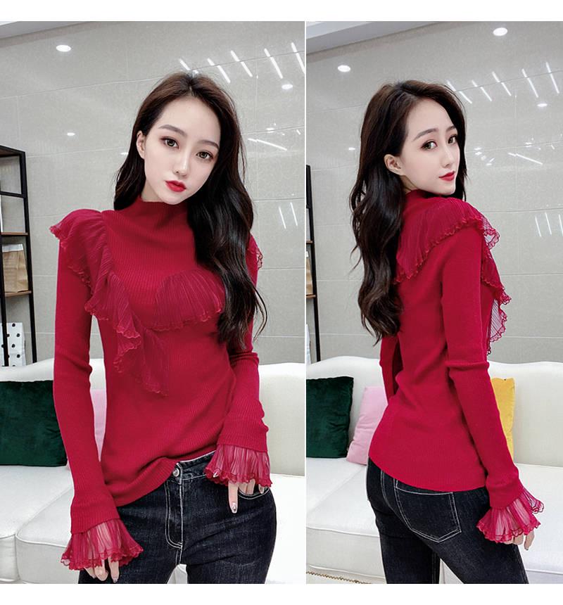 Pofulove Women Sexy Lace Ruffles Sweater Turtleneck Slim Knitwear Solid Color Bottoming Sweaters