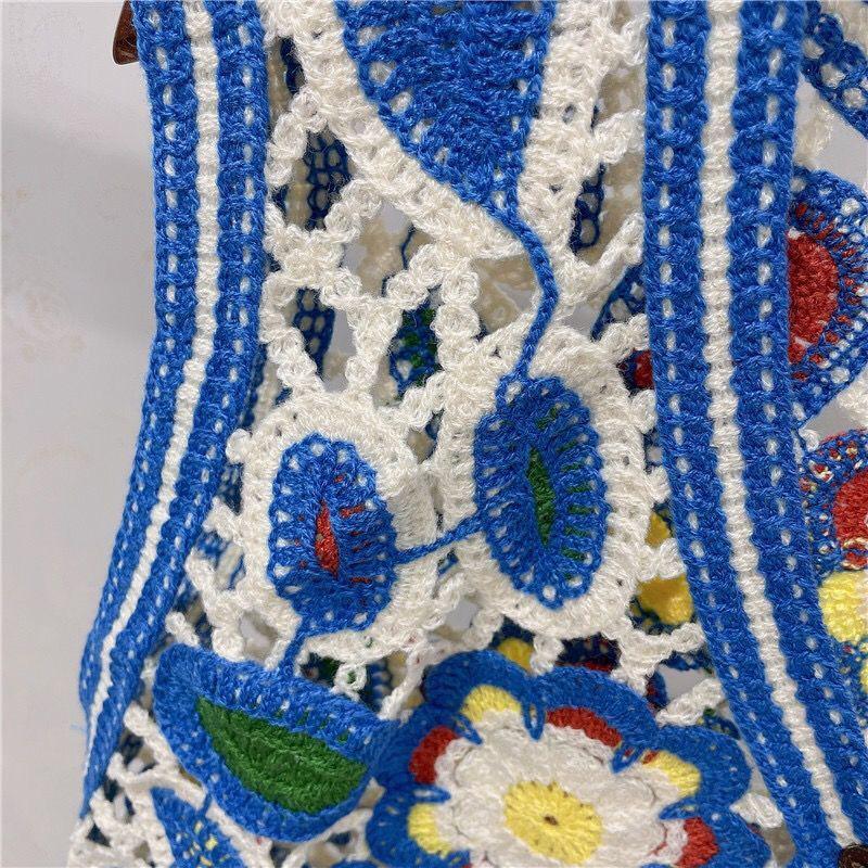 Flower Embroidery Hollow Design Retro Style V-neck Sleeveless Waistcoat  Women's Spring and Summer