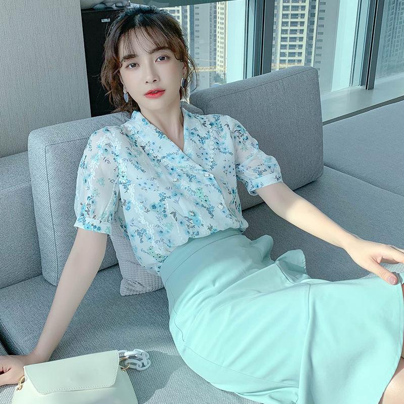 Chiffon Shirt Floral Short-sleeved Suit Female Sweet Temperament Thin Fishtail Skirt Two-piece Retro Style Skirt Chiffon Fishtail Skirt