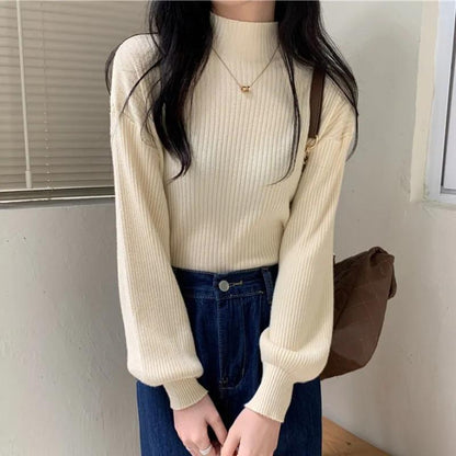 Winter Sweater Women Turtleneck Lantern Sleeve Solid Pullover Sweaters White Black Fall Fashion Knitted Tops Girl Jumpers