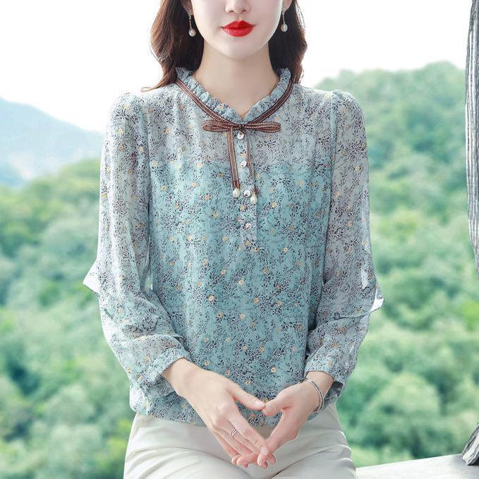 Floral High-end Chiffon Shirt Top Women's Large Size Small Shirt Fashion Temperament Long Sleeves