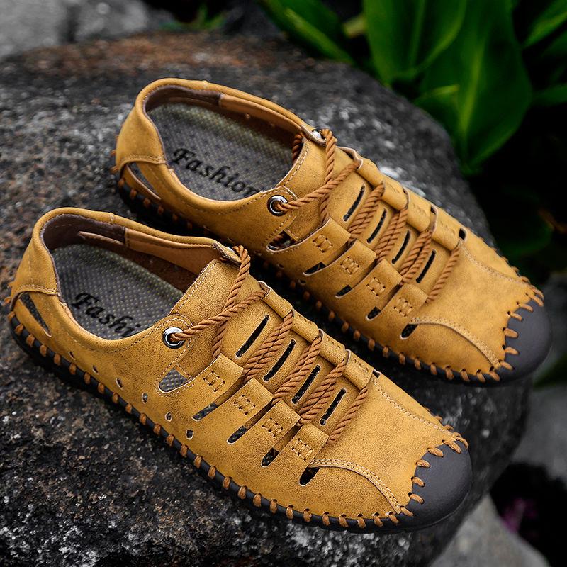 Summer Men's Leather Sandals Business Casual Outdoor Beach Roman Shoes Solid Color Design