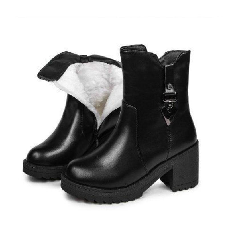 Women's Thick Heel and Cotton Boots Warm Non-slip Mid-tube All-match Women's Cotton Shoes Thick-soled Winter Boots