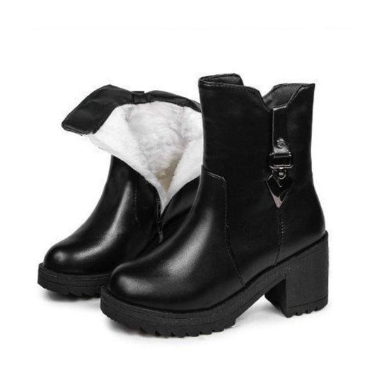Women's Thick Heel and Cotton Boots Warm Non-slip Mid-tube All-match Women's Cotton Shoes Thick-soled Winter Boots