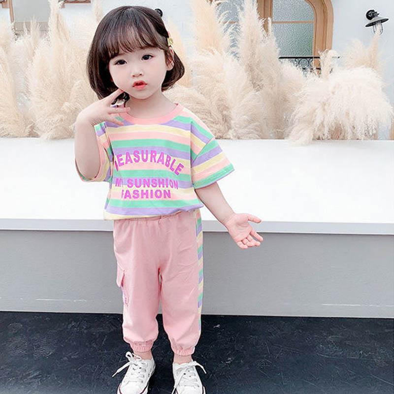 Girls Cute Striped Short Sleeve Casual Pants Suit Summer Baby Rainbow Print Breathable Comfortable Soft Two-piece Set