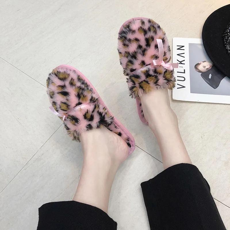 Women Slippers Fur Warm Winter Slipper Leopard Bow Furry Shoes Ins Kawaii Ladies Soft Winter Slide Plus Size 41