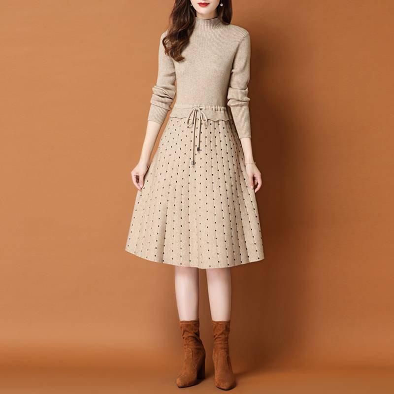 Winter Knit Dress Long Sleeve Slim Fit Polka Dot Sweater Dress Lady Ladies Warm Long Skirt