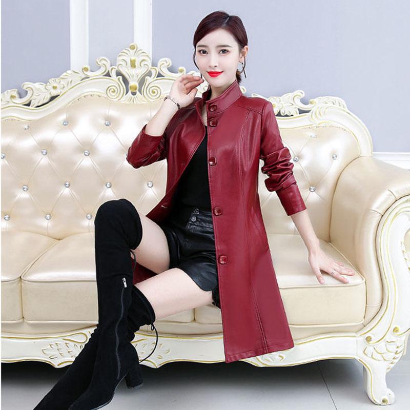 Women's Sheepskin Leather Jacket Long Slim Fit Stand Collar Large Leather Trench Coat Sheepskin Coats with Belt